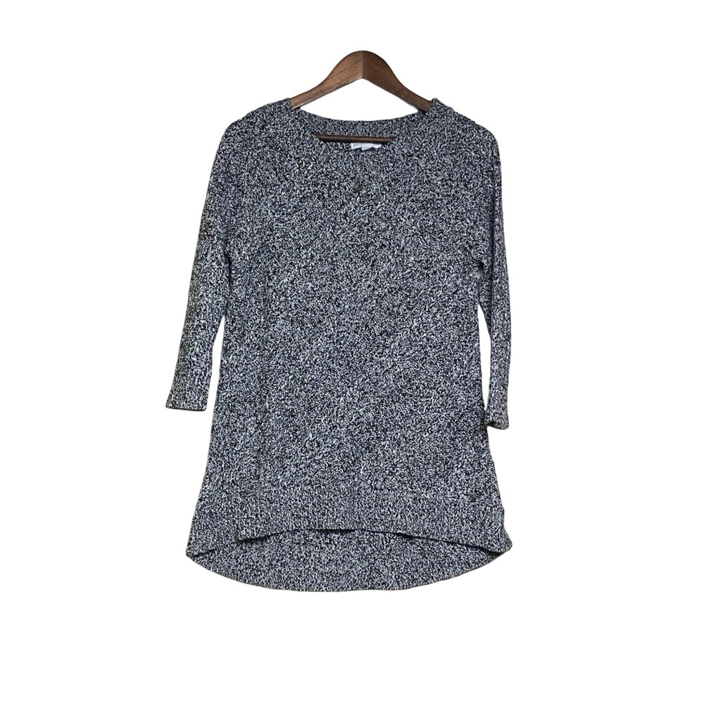 New York & Company Women Pullover Sweater L Black White Marled Knit High Low Hem